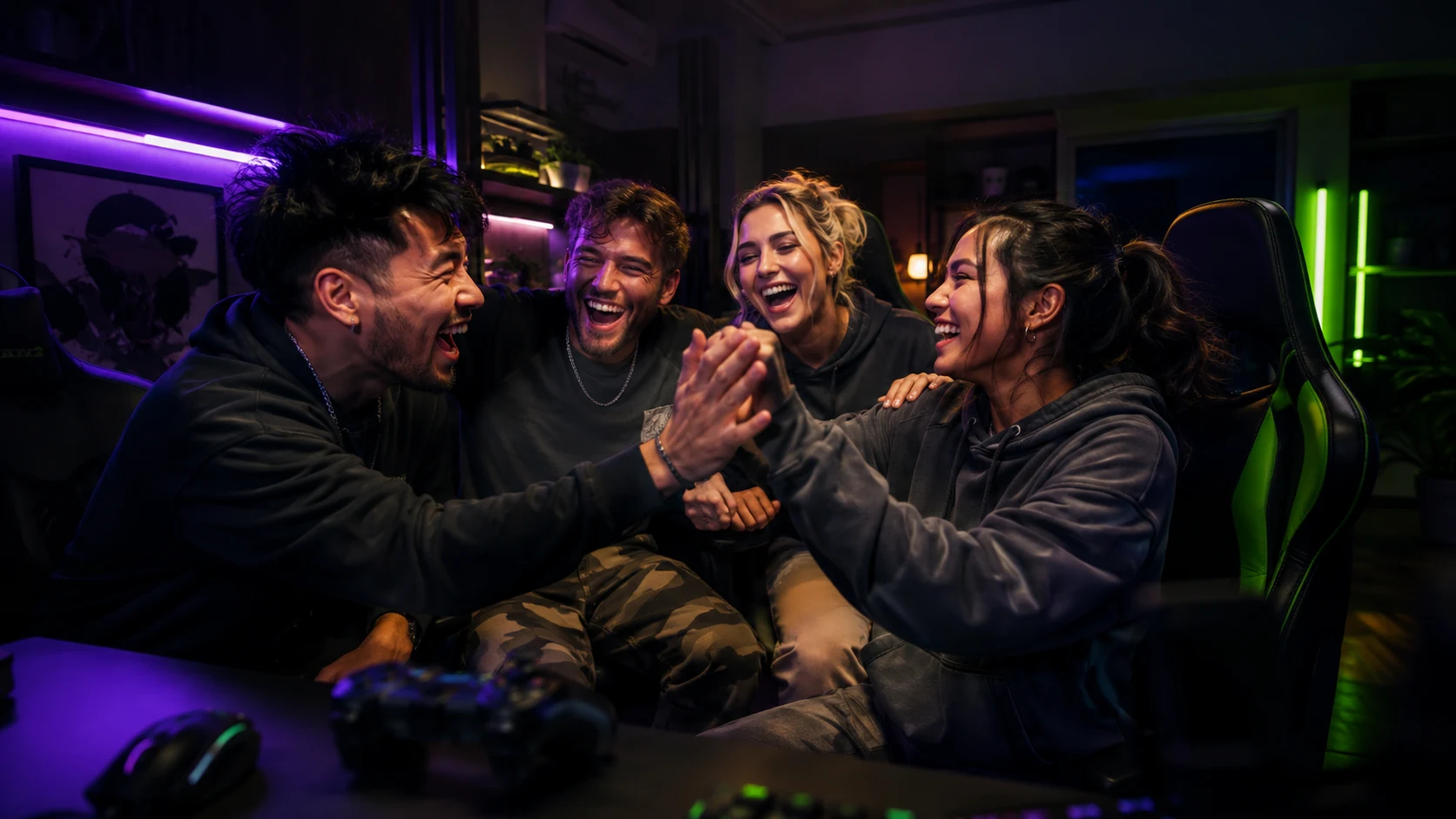 Four adult friends celebrating a game together in a lime and violet lit gaming lounge