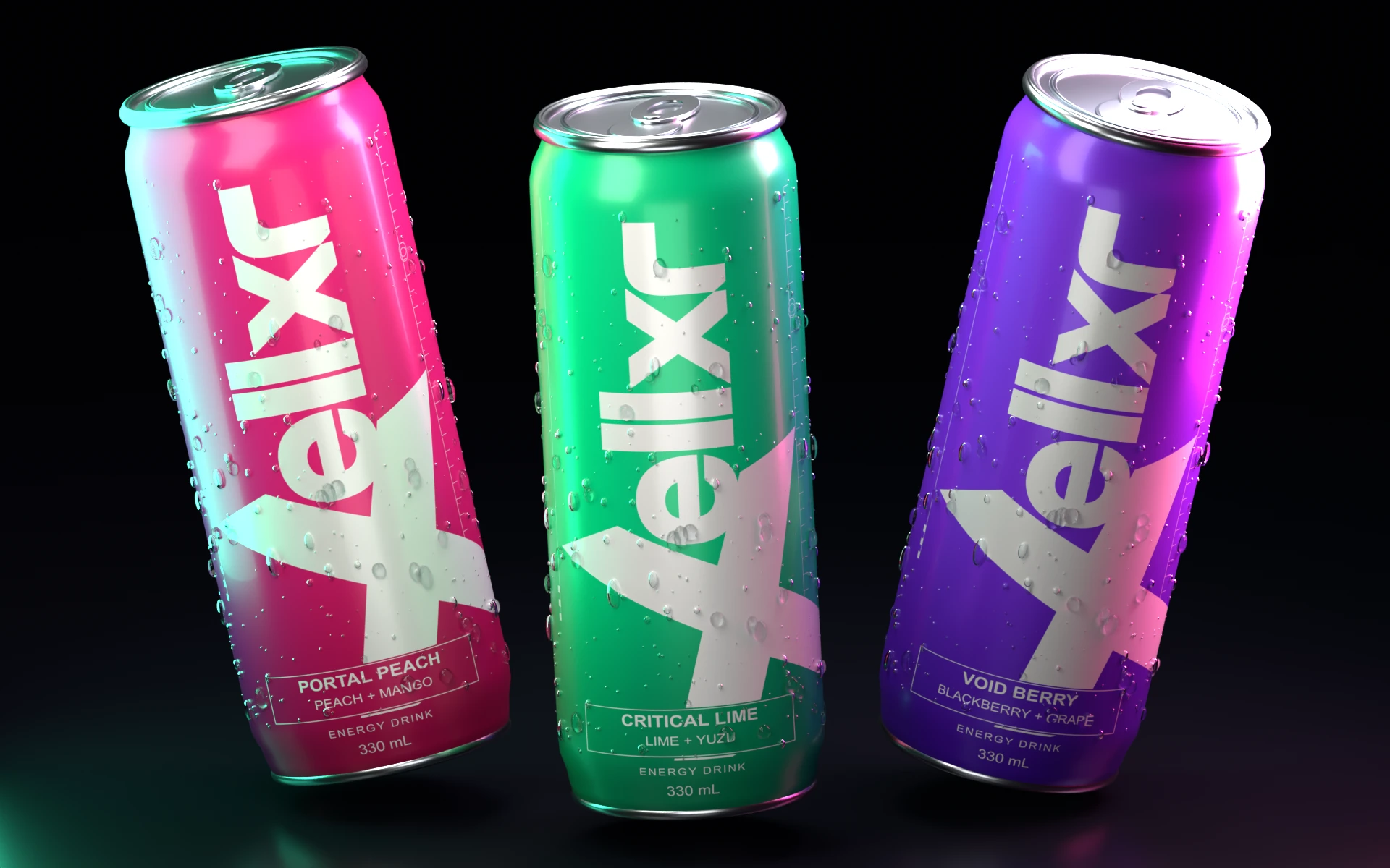 Neon mint, hot pink and ultraviolet ellxr cans with white angular lettering and large white x designs